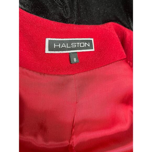 Vintage 90s Halston Hooded Wool Coat | Cherry Red Velvet Trim | Size 8 - Picture 14 of 14